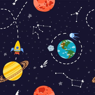 Gezegenli ve yıldızlı uzay deseni. Roket 