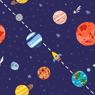 Gezegenli ve yıldızlı uzay deseni. Roket 