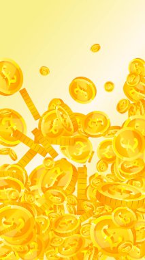 British pound coins falling. Scattered gold GBP coins.  United Kingdom money. Great business success concept. Vector illustration.