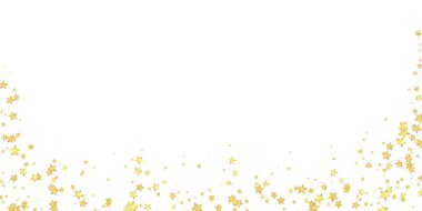 Sihirli yıldızlar vektör kaplaması. Altın yıldızlar rasgele etrafa saçılmış, düşüyor, yüzüyor. Kaotik rüya gibi çocuksu bir şablon. Beyaz arkaplanda vektör büyüsü.