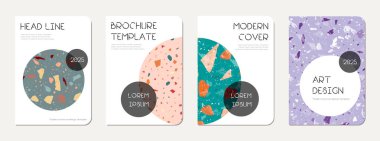 Not defteri kapağı tasarımı. Doğal taşlar, granit, kuvars ve mermerden yapılmış terrazzo soyut arka plan. Venedik terrazzo doku dizüstü bilgisayar kapağı şablonu.