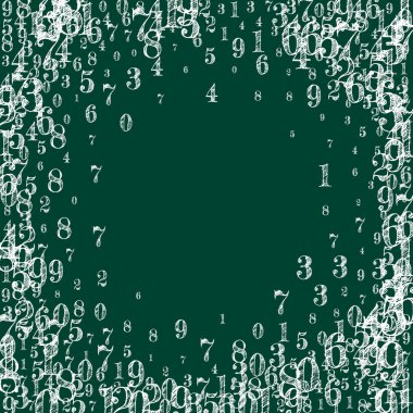 Dağınık numaralar. Beyaz tebeşir parmakları kaotik uçuyor. Tahta arka planda matematik afişi var. Düşen sayılar vektör illüstrasyonu.