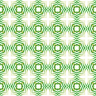 Watercolor ikat repeating tile border. Green fair boho chic summer design. Ikat repeating swimwear design. Textile ready pleasing print, swimwear fabric, wallpaper, wrapping.