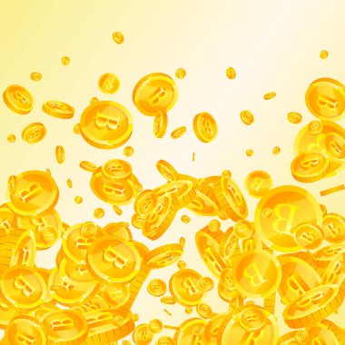 Thai baht coins falling. Gold scattered THB coins. Thailand money. Great business success concept. Square vector illustration.