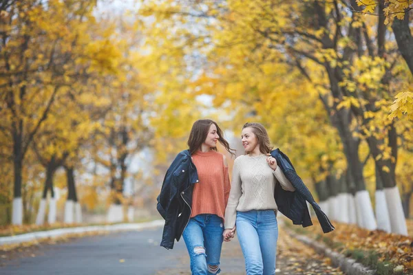 Genç güzel kızları sonbahar arka planda açık havada eğleniyor. Sonbahar zaman neşeli arkadaşlar