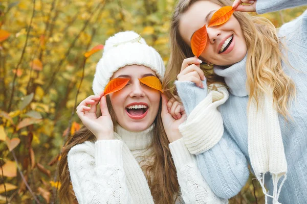 Jonge Mooie Meisjes Met Plezier Buiten Herfst Achtergrond Vrolijke Vrienden — Stockfoto