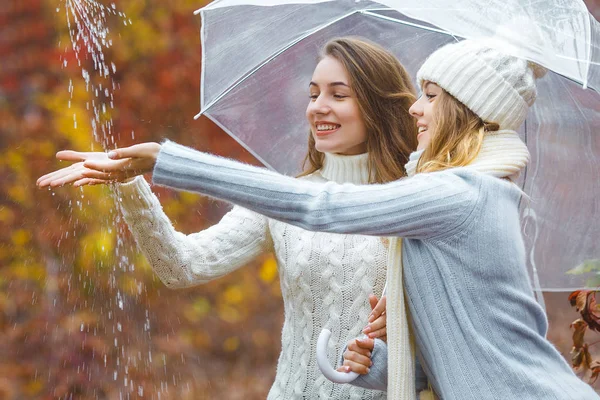 Giovani Belle Ragazze Divertono All Aperto Autunno Sfondo Amici Allegri — Foto Stock