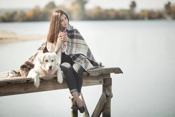 Joven Mujer Atractiva Sentada Muelle Con Perro Mejores Amigos Aire — Foto de Stock