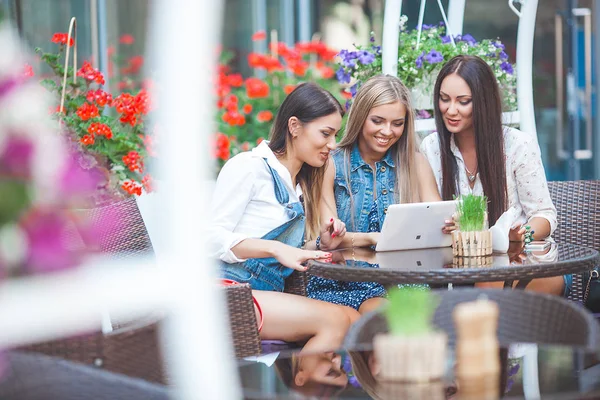 Grup Genç neşeli kadınların laptop arıyorum ve açık havada online alışveriş yapma