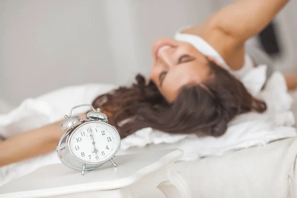Beautiful Young Woman Morning Bed Alarm Clock — Stock Photo, Image