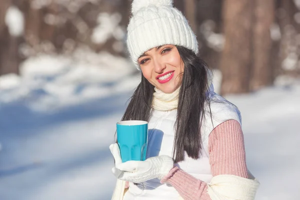 Young Attractive Woman Drinking Coffee Outdoors Winter Time — Stock Photo, Image