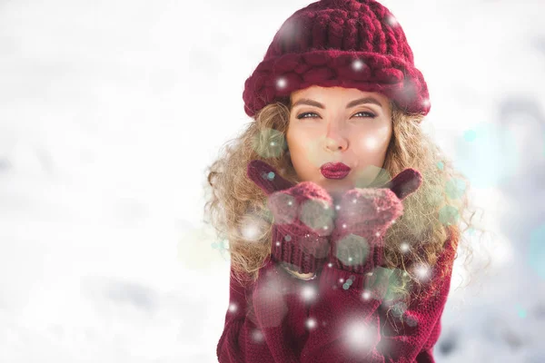 Portrait Young Beautiful Girl Blowing Snow Camera — Stock Photo, Image