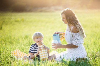 Genç anne çocuğunu organik sütle besliyor. Aile dışarıda piknik yapıyor.