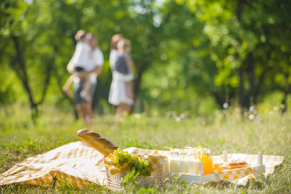 Famiglia Irriconoscibile Picnic Fronte Ancora Cibo Picnic Famiglia Sullo Sfondo — Foto Stock