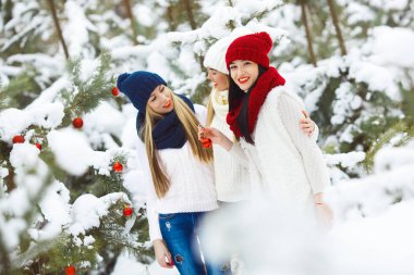 Kadın Noel arka plan üzerinde. Genç kızların eğlenceli kış döneminde hawing