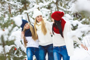 Kadın Noel arka plan üzerinde. Genç kızların eğlenceli kış döneminde hawing