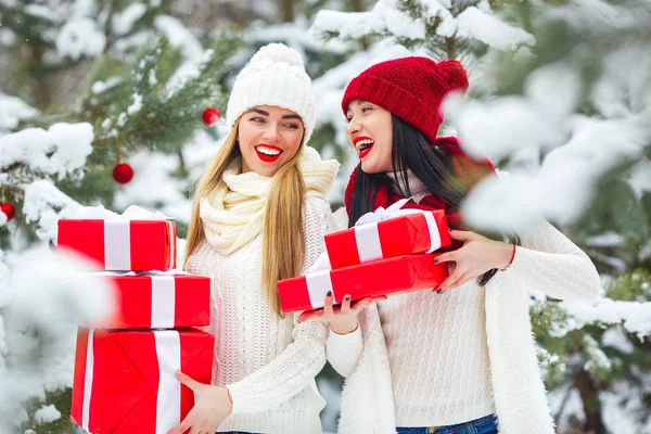 Φίλες Διασκεδάζοντας Χριστουγεννιάτικα Δώρα Εξωτερικούς Χώρους Γυναίκες Κατέχουν Δώρα Κυρίες — Φωτογραφία Αρχείου