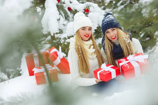 Přítelkyně Baví Vánoční Dárky Venku Ženy Držící Dárky Dámy Drží — Stock fotografie