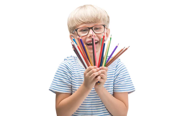 Criança Pequena Bonito Segurando Lápis Coloridos Fundo Branco Isolado Criança — Fotografia de Stock