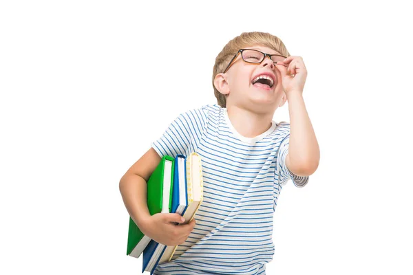 Lindo Niño Pequeño Con Libros Cuadernos Sobre Fondo Blanco Aislado —  Fotos de Stock