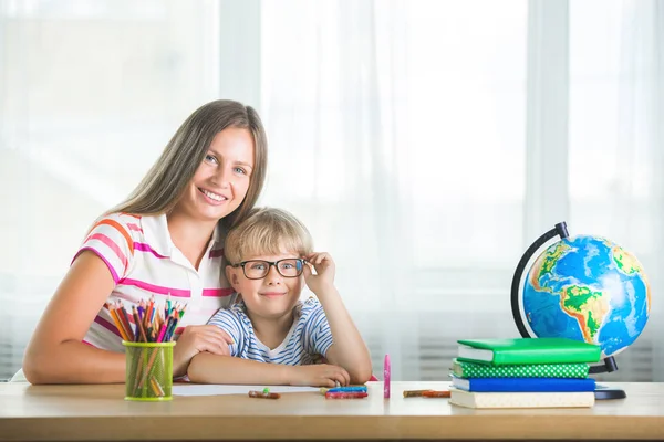 Cute Child Learning Lesson His Mother Family Doing Homework Together — Stock Photo, Image