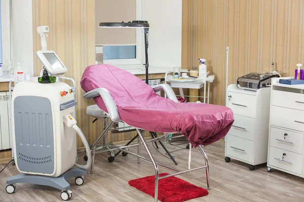 Medical equipment. Cosmetology apparatus. The interior of cosmetologist`s parlor. Laser epilator monitor. Beauty salon room.