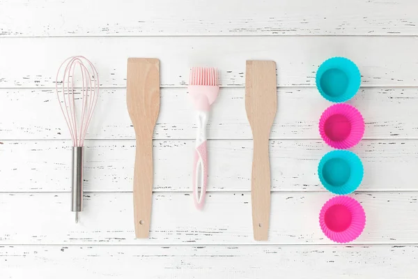 Bakery Tools Kitchen Background Top View Kitchenware Cooking Stuff Flatlay — Stock Photo, Image