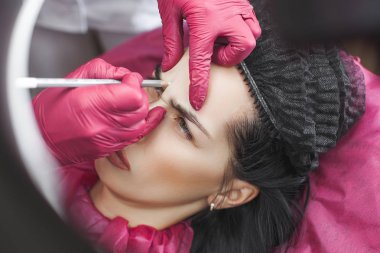 Kozmetolojist yapma prosedürü. Dermatoloğa hyaluronik asit enjeksiyonu yapıyor. Dudak enjeksiyonu yla kapatın. Dudak güçlendirici prosedürü. Güzellik salonu servisi.