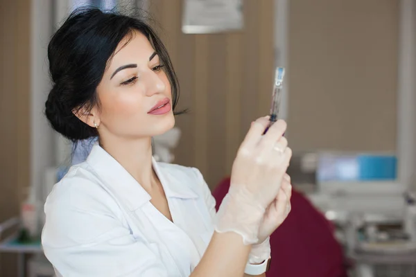 Young Attractive Doctor Syringe Cosmetologist Indoors Making Injection Hands Holding — Stock Photo, Image