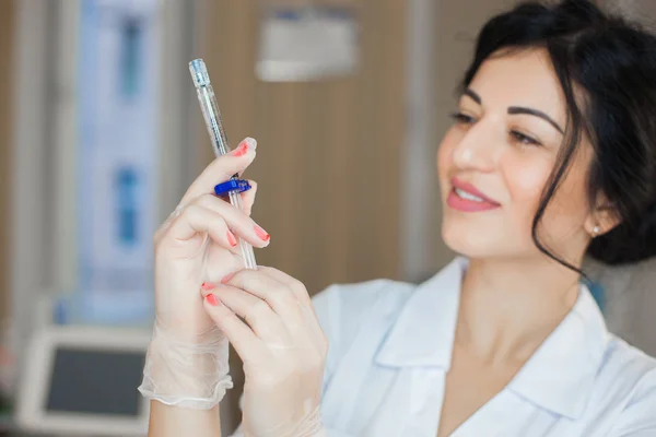 Young Attractive Doctor Syringe Cosmetologist Indoors Making Injection Hands Holding — Stock Photo, Image