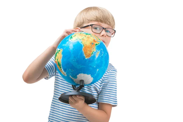 Cute Little Child Isolated White Background Holding Globe Geography Lesson — Stock Photo, Image