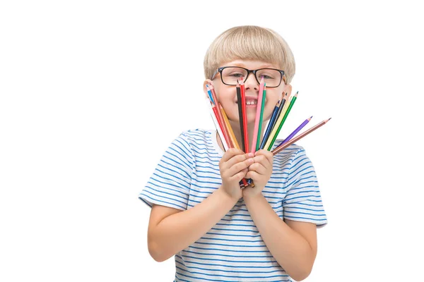 Criança Bonito Com Lápis Coloridos Menino Adorável Segurando Lápis Cor — Fotografia de Stock