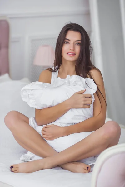 Attractive Woman Sleeping Bed Beautiful Girl Awake Morning Female Bedroom — Stock Photo, Image