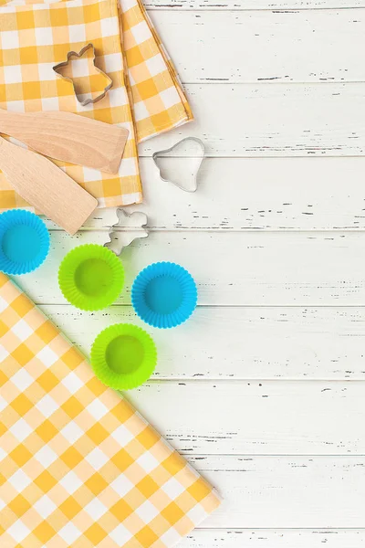 Bakery tools. Kitchen background. Top view of kitchenware. Cooking stuff flatlay with copy space.