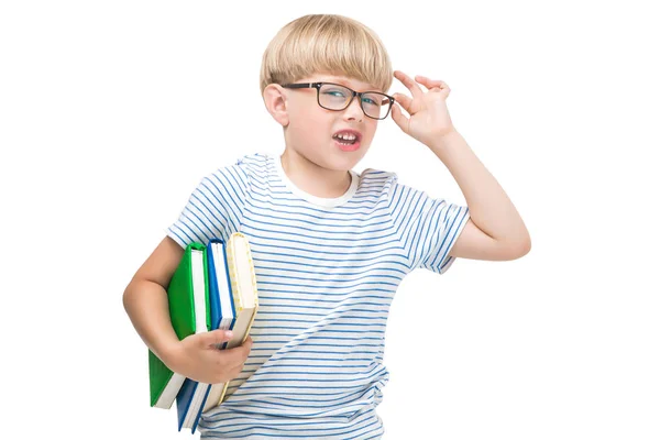 Милий Хлопчик Вчиться Дитина Книгами Глобусом Вивчає Ушкодження Шкільний Хлопець — стокове фото