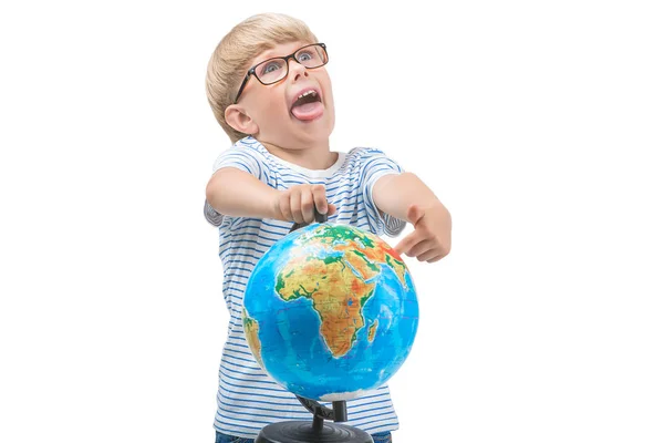 Cute Little Child Isolated White Background Holding Globe Schoolboy Study — Stock Photo, Image