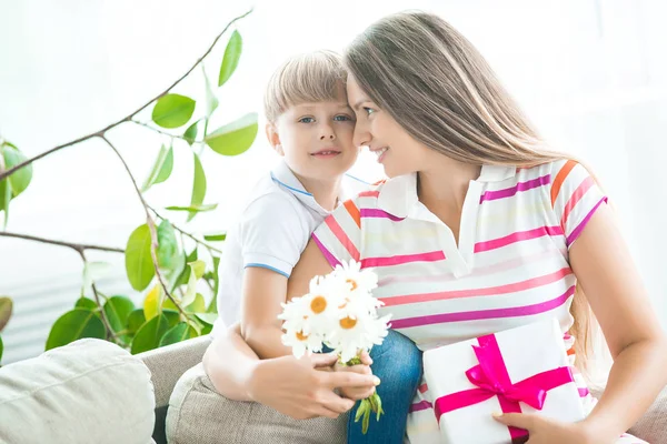 Cute Little Child Congratulates His Mother Mothers Day Adorable Boy — Stock Photo, Image