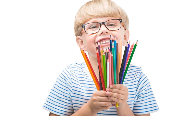 Isolated Child Pencils Adorable Kid White Background Portrait Funny Blonde Stock Picture