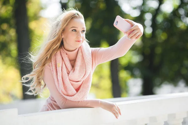 Jovem Atraente Fazendo Selfie Livre Rapariga Casual Falar Telemóvel Parque — Fotografia de Stock