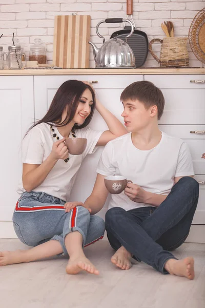 Young Couple Having Fun Kitchen Family Cooking Together Attractive Man — Stock Photo, Image