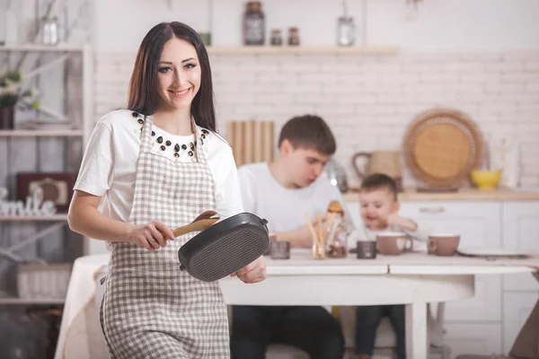 Young Housewife Kitchen Background Woman Home Kitchen Female Cooking Copy — Stock Photo, Image