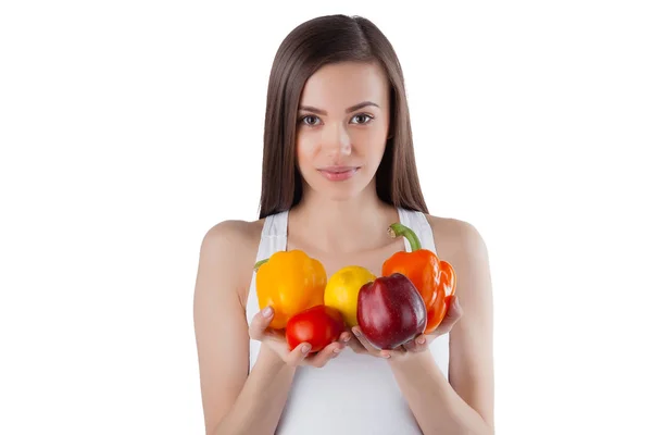 Jonge Vrouw Met Verse Groenten Fruit Vitaminen Mooi Vrouwtje Geïsoleerde — Stockfoto