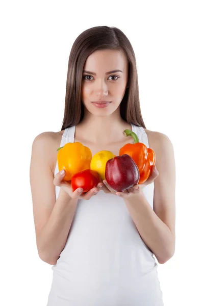 Mujer Joven Sosteniendo Frutas Verduras Frescas Vitaminas Hermosa Hembra Sobre — Foto de Stock