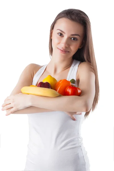Mujer Joven Sosteniendo Frutas Verduras Frescas Vitaminas Hermosa Hembra Sobre —  Fotos de Stock