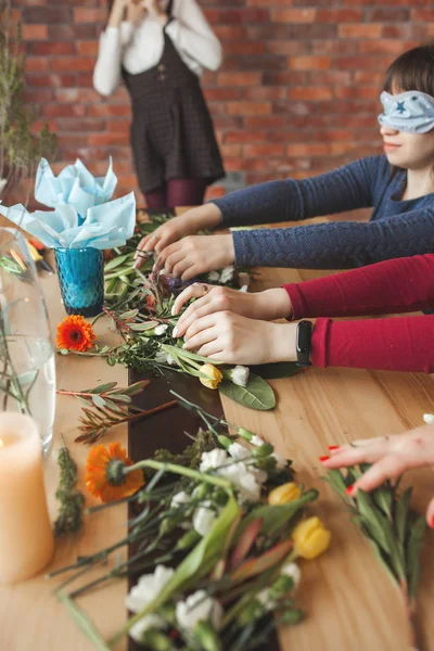Women Master Class Floristics Young Ladies Making Floral Composition Group — 스톡 사진