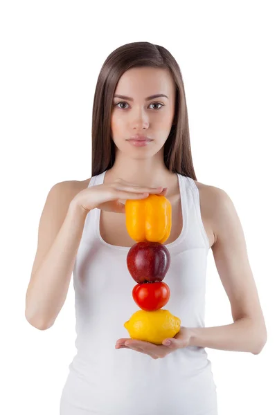 Mujer Joven Sosteniendo Frutas Verduras Frescas Vitaminas Hermosa Hembra Sobre — Foto de Stock