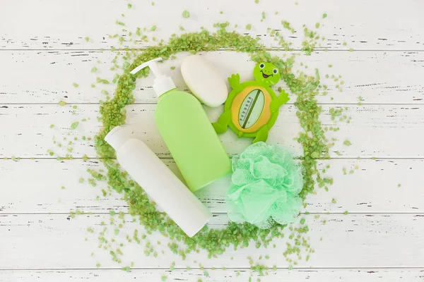 Flatlay Still Toiletries Bathroom Stuff Shower Bottles Tubes Soap Washcloth — Stock Photo, Image