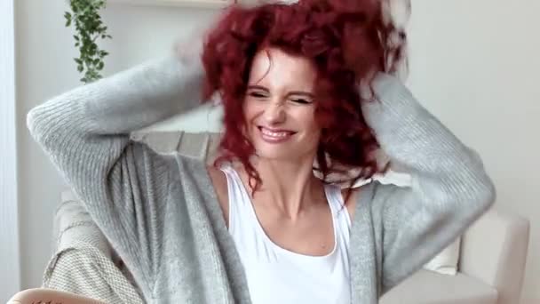 Very Attractive Young Woman Indoors Portrait Curly Haired Female Redhaired — Stock Video