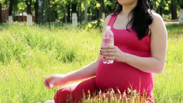 Young Attractive Pregnant Woman Water Bottle Lawn — Stockvideo