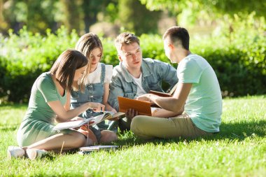 Dışarıda ders alan bir grup öğrenci. Ders kitapları veya öğretici okuyan öğrenciler. Parkta eğitim alan gençler.